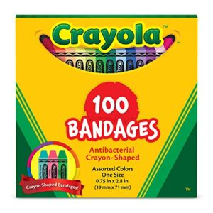 crayola shaped antibacterial kids bandages, 100 ct | great for birthdays, party supplies, stickers, stocking stuffer or white elephant gift | adhesive bandages for minor cuts, scrapes, & burns