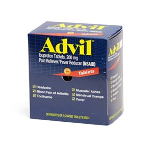 advil 40933 ibuprofen, 50 packets of 2, pain reliever fever reducer tablets