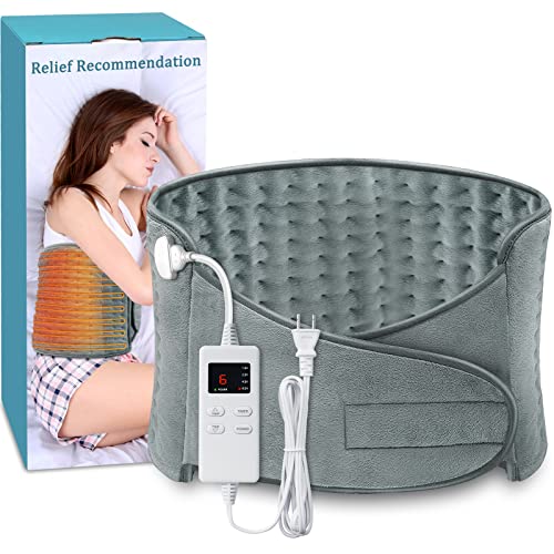 𝐔𝐩𝐠𝐫𝐚𝐝𝐞𝐝 Heating Pad for Back Pain and Cramps Relief, (12"x24"+20'') Large Menstrual Heating Pad with 4 Timer Auto Shut Off & 6 Heat Setting Electric Heat Pad with Belt, Dry & Moist Therapy