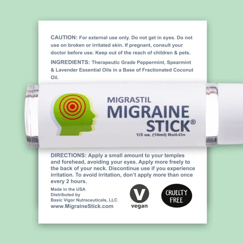 Migrastil Migraine Stick® Rollon - Fast Cooling Comfort for Your Head. Aromatherapy with Peppermint & Other Essential Oils. Metal Roller. Made in USA by Basic Vigor