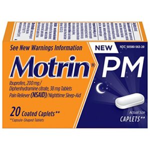 motrin pm caplets, ibuprofen, relief from minor aches and pains, nighttime, 20 count