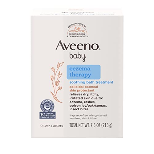 Aveeno Baby Eczema Therapy Soothing Bath Treatment for Relief of Dry, Itchy & Irritated Skin,Made with Natural Colloidal Oatmeal, Fragrance-Paraben-, Steroid- & Tear-Free, 10 ct ( Packaging May Vary )