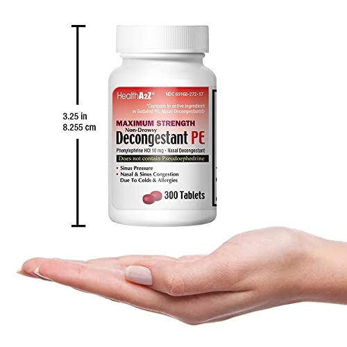 HealthA2Z Decongestant PE 300 Counts | Phenylephrine HCl 10 mg | Maximum Strength | Non Drowsy Nasal & Sinus Congestion Relief Due to Cold & Allergies