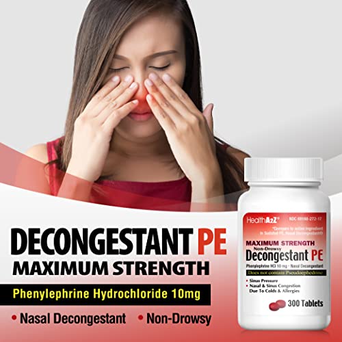 HealthA2Z Decongestant PE 300 Counts | Phenylephrine HCl 10 mg | Maximum Strength | Non Drowsy Nasal & Sinus Congestion Relief Due to Cold & Allergies