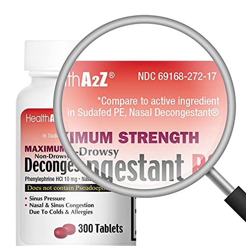 HealthA2Z Decongestant PE 300 Counts | Phenylephrine HCl 10 mg | Maximum Strength | Non Drowsy Nasal & Sinus Congestion Relief Due to Cold & Allergies