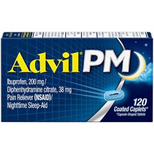 advil pm (120 count) pain reliever/nighttime sleep aid coated caplet, 200mg ibuprofen, 38mg diphenhydramine