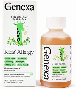 genexa kids’ liquid allergy medication – 4oz – effective antihistamine medication for children – organic agave flavor – certified vegan, gluten-free & non-gmo