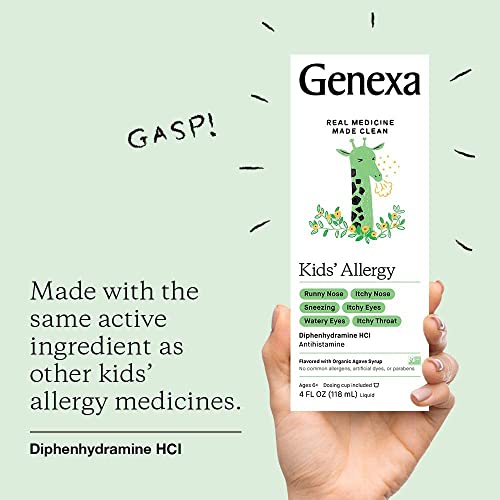 Genexa Kids' Liquid Allergy Medication - 4oz - Effective Antihistamine Medication for Children - Organic Agave Flavor - Certified Vegan, Gluten-Free & Non-GMO