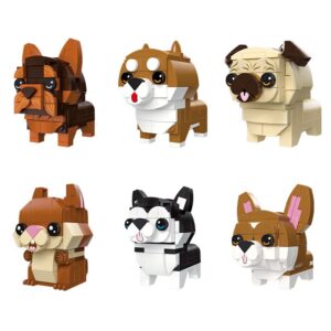 apostrophe games dogs & friends building block sets – 6 animals to build, 661 pieces – corgi, husky, pug, shiba inu, yorkshire terrier, squirrel