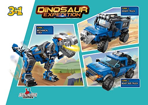 Apostrophe Games 3 in 1 Dinosaur Expedition Building Block Set (375 Pieces) Build a T-Rex, Truck or SUV, for Kids and Adults