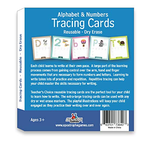 Apostrophe Games Alphabet & Number Tracing Cards, Reusable, Dry Erase, Upper & Lower Case, 31 Large Reusable Cards, Repetitive Tracing Alphabet and Number Cards, Improve Writing Skills, Flash Cards