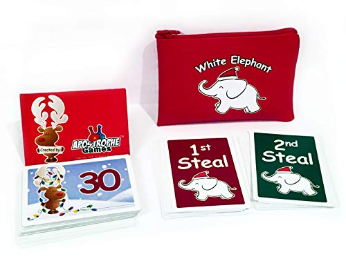 Apostrophe Games White Elephant Card Set, 50 Christmas Themed Cards and Carrying Pouch, White Elephant Exchange Card Set