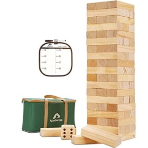 apudarmis 60 pcs giant tumble tower, (stack up to 5ft) pine wooden stacking timber game with 1 dice set – classic block giant outdoor game for kids adults family