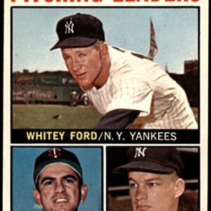 1964 Topps # 4 xAP AL Pitching Leaders Whitey Ford/Camilo Pascual/Jim Bouton Yankees/Twins (Baseball Card) (No Apostrophe after Pitching on Back) VG/EX Yankees/Twins