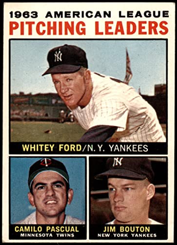 1964 Topps # 4 xAP AL Pitching Leaders Whitey Ford/Camilo Pascual/Jim Bouton Yankees/Twins (Baseball Card) (No Apostrophe after Pitching on Back) VG/EX Yankees/Twins