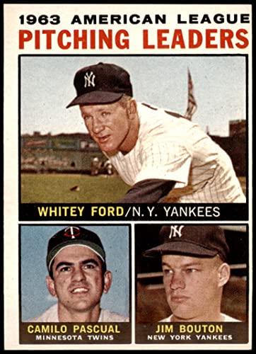 1964 Topps # 4 AP AL Pitching Leaders Whitey Ford/Camilo Pascual/Jim Bouton Yankees/Twins (Baseball Card) (Has an Apostrophe after Pitching on Back) VG/EX Yankees/Twins