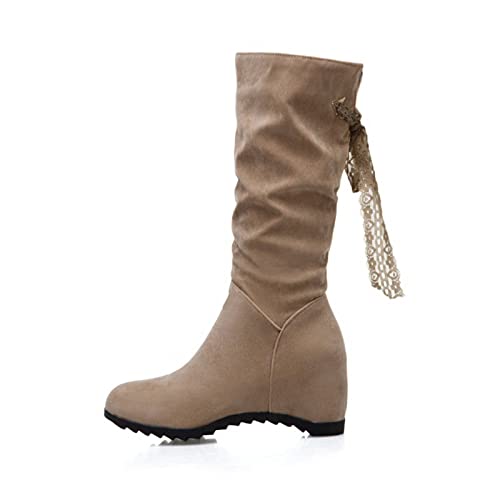 Apostrophe Boots Ladies Solid Color Lace Ribbon Inner Heightening Fashion Medium Boots Tan Knee High Boots for Women Heel (b-Beige, 9)