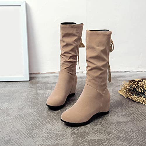 Apostrophe Boots Ladies Solid Color Lace Ribbon Inner Heightening Fashion Medium Boots Tan Knee High Boots for Women Heel (b-Beige, 9)