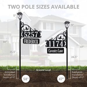 Address America USA Handcrafted, Double-Sided Reflective Boardwalk Lawn Address Sign With Name Rider And LED Solar Light - 58" Pole