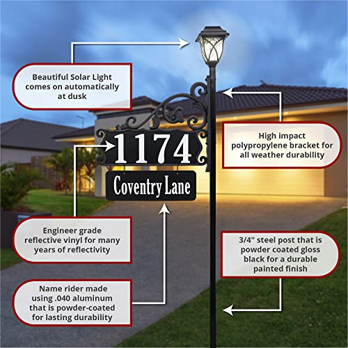 Address America USA Handcrafted, Double-Sided Reflective Boardwalk Lawn Address Sign With Name Rider And LED Solar Light - 58" Pole