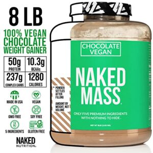 Naked Mass - Chocolate Vegan Weight Gainer - 8lb Bulk, GMO Free, Gluten Free, Soy Free & Dairy Free. No Artificial Ingredients – 1,280 Calories – 11 Servings