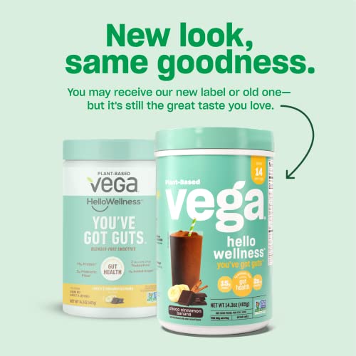 Vega Hello Wellness You’ve Got Guts Blender Free Smoothie, Choco Cinnamon Banana (14 Servings) Plant Based Vegan Protein Powder, 5g Prebiotic Fiber, 0g Added Sugar, 14.3oz (Packaging May Vary)