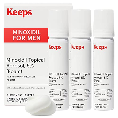 Keeps Minoxidil for Men Topical Hair Loss Aerosol Minoxidil Foam 5%, Hair Growth Treatment - Slows Hair Loss & Promotes Hair Regrowth - 3 Month Supply (3 x 2.11oz Bottles) - For Thicker, Longer Hair