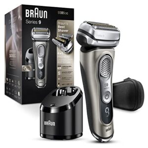 braun electric razor for men, waterproof foil shaver, series 9 9385cc, wet & dry shave, with pop-up beard trimmer for grooming, clean & charge smartcare center and leather travel case, black
