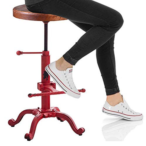 Topower Industrial Retro Vintage Farm Wooden Tractor Stool Kitchen Swivel Height Adjustable bar Stool (Antique Red)