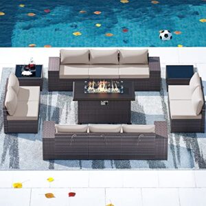 gotland 13 piece large outdoor furniture set, 10 seater wicker patio furniture set, all weather deck wicker conversation set with 43″ fire pit table has 10 sofa seats, 2 coffee tables and 4″ cushion’