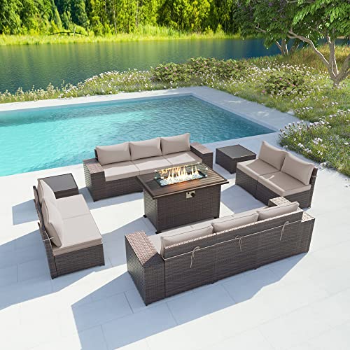 Gotland 13 Piece Large Outdoor Furniture Set, 10 Seater Wicker Patio Furniture Set, All Weather Deck Wicker Conversation Set with 43" Fire Pit Table has 10 Sofa Seats, 2 Coffee Tables and 4" Cushion’