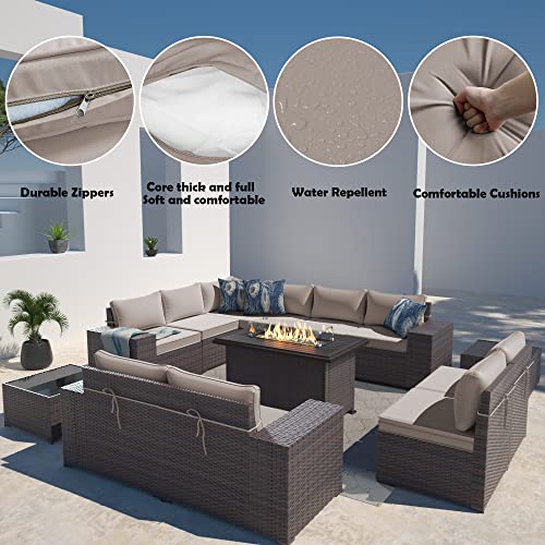 Gotland 13 Piece Large Outdoor Furniture Set, 10 Seater Wicker Patio Furniture Set, All Weather Deck Wicker Conversation Set with 43" Fire Pit Table has 10 Sofa Seats, 2 Coffee Tables and 4" Cushion’