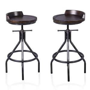 bokkolik set of 2 bar stools | industrial vintage style | swivel wooden seat | bar counter height adjustable 24-30inch | with mini backrest