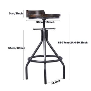 BOKKOLIK Set of 2 Bar Stools | Industrial Vintage Style | Swivel Wooden Seat | Bar Counter Height Adjustable 24-30inch | with Mini Backrest