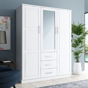 palace imports cosmo solid wood 3-door wardrobe with mirror and 3 drawers, white. additional shelves sold separately.