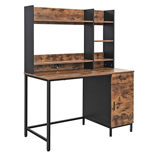 VASAGLE ALINRU Computer Desk with Bookshelf, Office Desk with Cabinet, Drawer, Study and Adjustable Shelves, Steel, Industrial, 47.2 x 23.6 x 60.3 Inches, Rustic Brown and Black ULWD65X