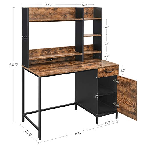 VASAGLE ALINRU Computer Desk with Bookshelf, Office Desk with Cabinet, Drawer, Study and Adjustable Shelves, Steel, Industrial, 47.2 x 23.6 x 60.3 Inches, Rustic Brown and Black ULWD65X