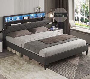 adorneve queen bed frame with led lights headboard, platform bed frame with outlets and usb ports, led bed frame with storage, diamond stitched button tufted design, easy assembly, dark grey