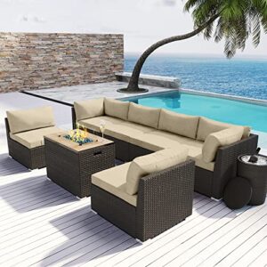 modenzi patio furniture outdoor sectional with propane fire pit table and ice wine bucket espresso brown wicker resin sofa set (light beige with ice bucket)
