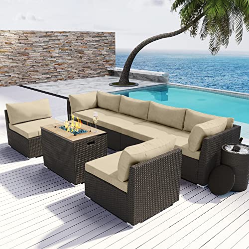 MODENZI Patio Furniture Outdoor Sectional with Propane Fire Pit Table and Ice Wine Bucket Espresso Brown Wicker Resin Sofa Set (Light Beige with Ice Bucket)