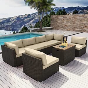 MODENZI Patio Furniture Outdoor Sectional with Propane Fire Pit Table and Ice Wine Bucket Espresso Brown Wicker Resin Sofa Set (Light Beige with Ice Bucket)