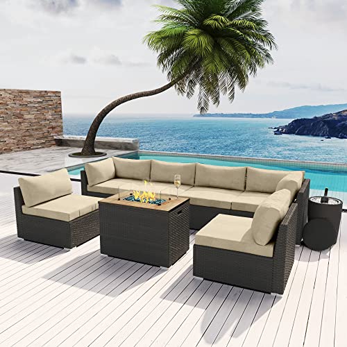 MODENZI Patio Furniture Outdoor Sectional with Propane Fire Pit Table and Ice Wine Bucket Espresso Brown Wicker Resin Sofa Set (Light Beige with Ice Bucket)