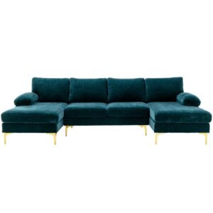 olela u shape sectional sofa,modern large chenille fabric modular couch,extra wide sofa with chaise lounge and golden legs for living room (teal)