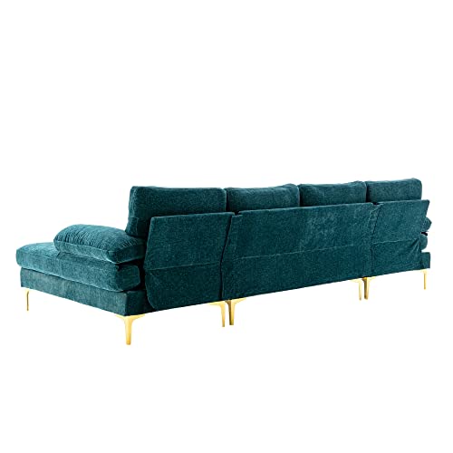 Olela U Shape Sectional Sofa,Modern Large Chenille Fabric Modular Couch,Extra Wide Sofa with Chaise Lounge and Golden Legs for Living Room (Teal)