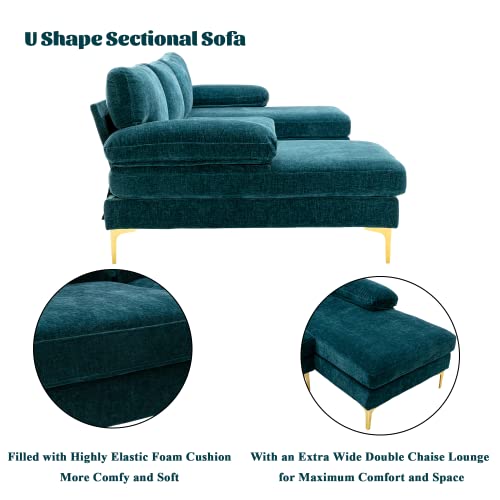 Olela U Shape Sectional Sofa,Modern Large Chenille Fabric Modular Couch,Extra Wide Sofa with Chaise Lounge and Golden Legs for Living Room (Teal)