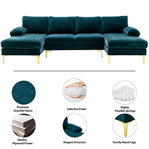 Olela U Shape Sectional Sofa,Modern Large Chenille Fabric Modular Couch,Extra Wide Sofa with Chaise Lounge and Golden Legs for Living Room (Teal)