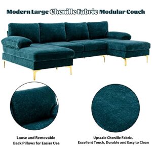 Olela U Shape Sectional Sofa,Modern Large Chenille Fabric Modular Couch,Extra Wide Sofa with Chaise Lounge and Golden Legs for Living Room (Teal)