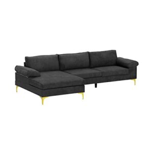 casa andrea milano modern sectional sofa l shaped velvet couch, with extra wide chaise lounge and gold legs, large, dark grey