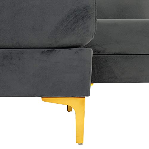 Casa Andrea Milano Modern Sectional Sofa L Shaped Velvet Couch, with Extra Wide Chaise Lounge and Gold Legs, Large, Dark Grey