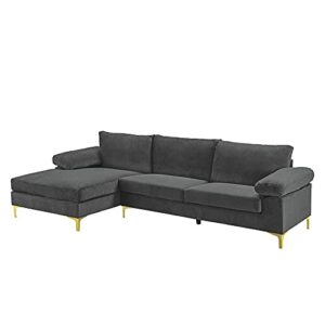 Casa Andrea Milano Modern Sectional Sofa L Shaped Velvet Couch, with Extra Wide Chaise Lounge and Gold Legs, Large, Dark Grey
